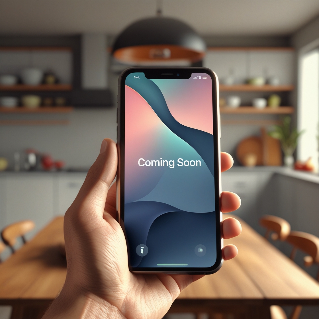 Eine Hand hält ein Smartphone mit dem Bildschirm, auf dem "Coming Soon" steht, in einem modernen Küchenraum.