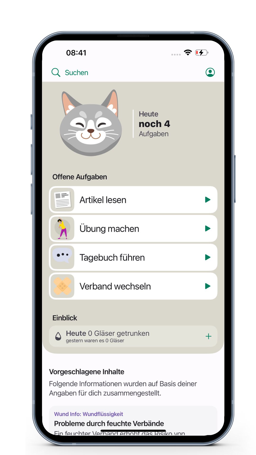 Smartphone-Bildschirm zeigt eine To-Do-Liste mit vier offenen Aufgaben: Artikel lesen, Übung machen, Tagebuch führen, Verband wechseln, sowie einen Einblick in den Trinkverbrauch und vorgeschlagene Inhalte.