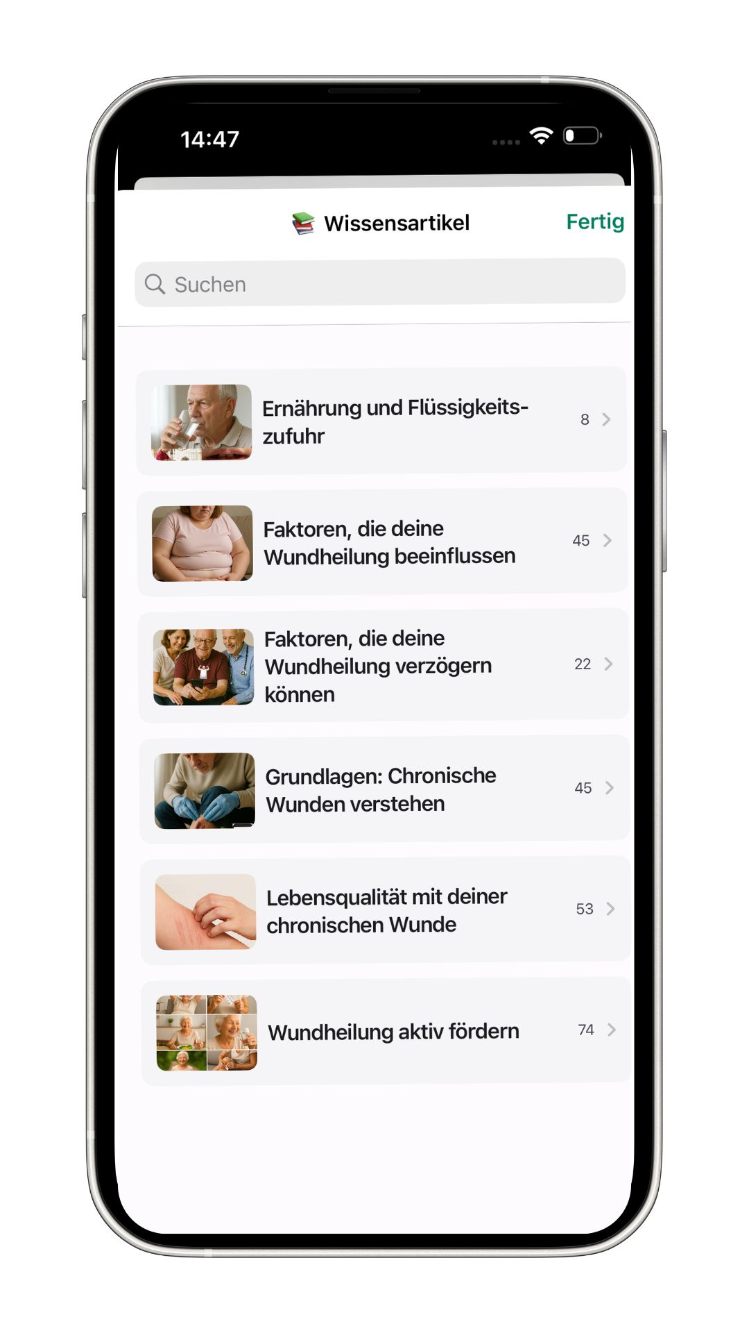 Ein Smartphone-Bildschirm zeigt eine Liste von Wissensartikeln zu Themen wie Ernährung, Wundheilung und chronische Wunden.